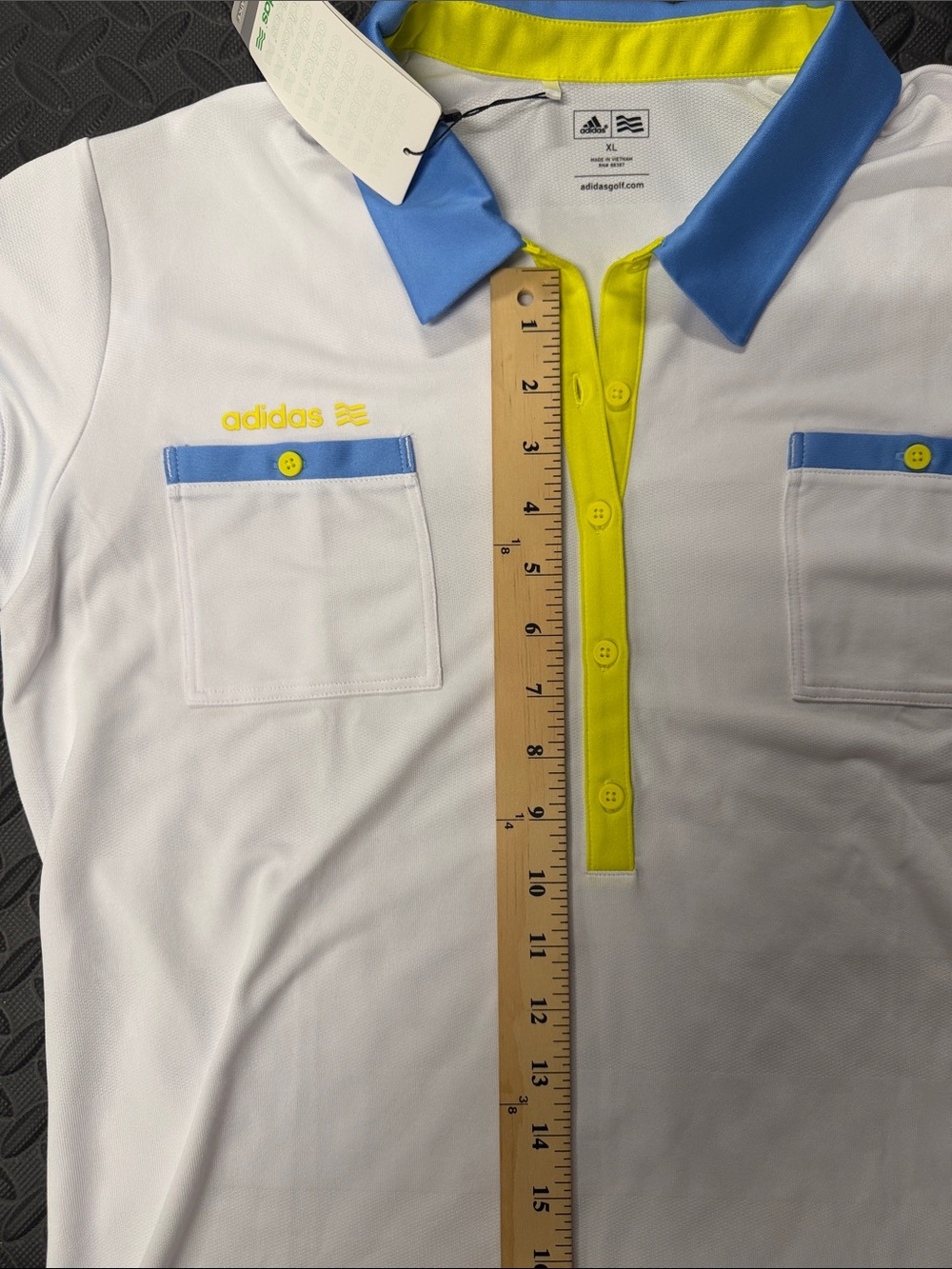 adidas White Polo w/ Yellow & Teal Accents-XL-Golf- lightweight-moisture control - Picture 7 of 12